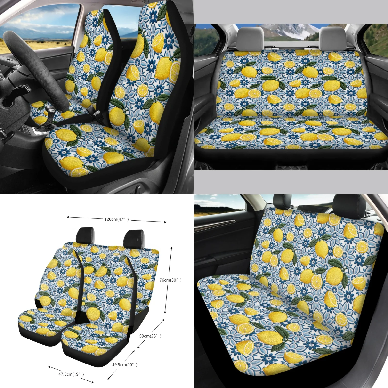 Coloranimal Lemon Flower Design 15 Piece with Soft Car Rear View Mirror Cover and Key Fob for Car Interior