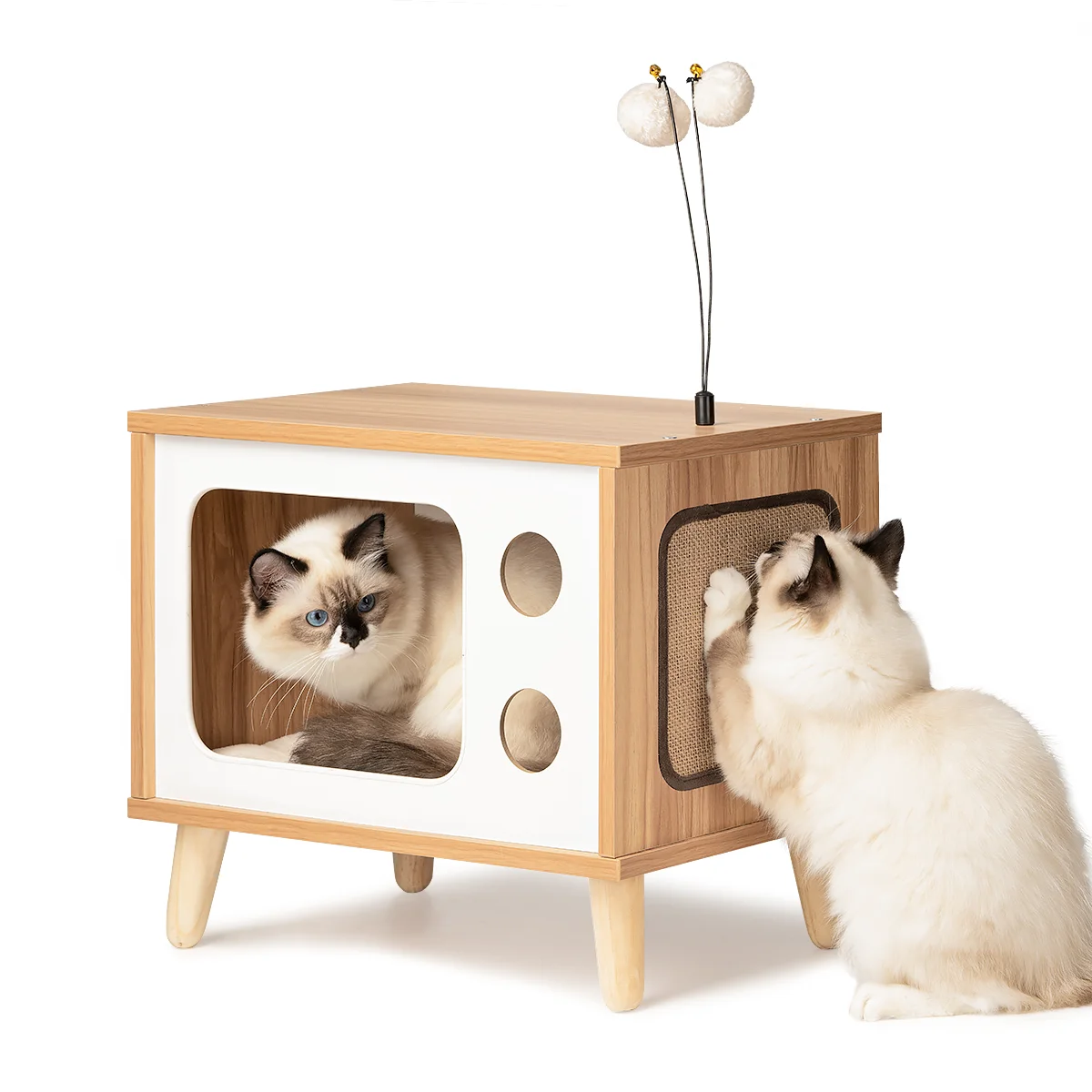 Imagem -02 - Mewoofun-grande Casa de Gato de Madeira Retro tv Cat Condo Cama com Coçar Pad e Almofada Mobiliário de Gato Scratcher Bell Bola Brinquedos