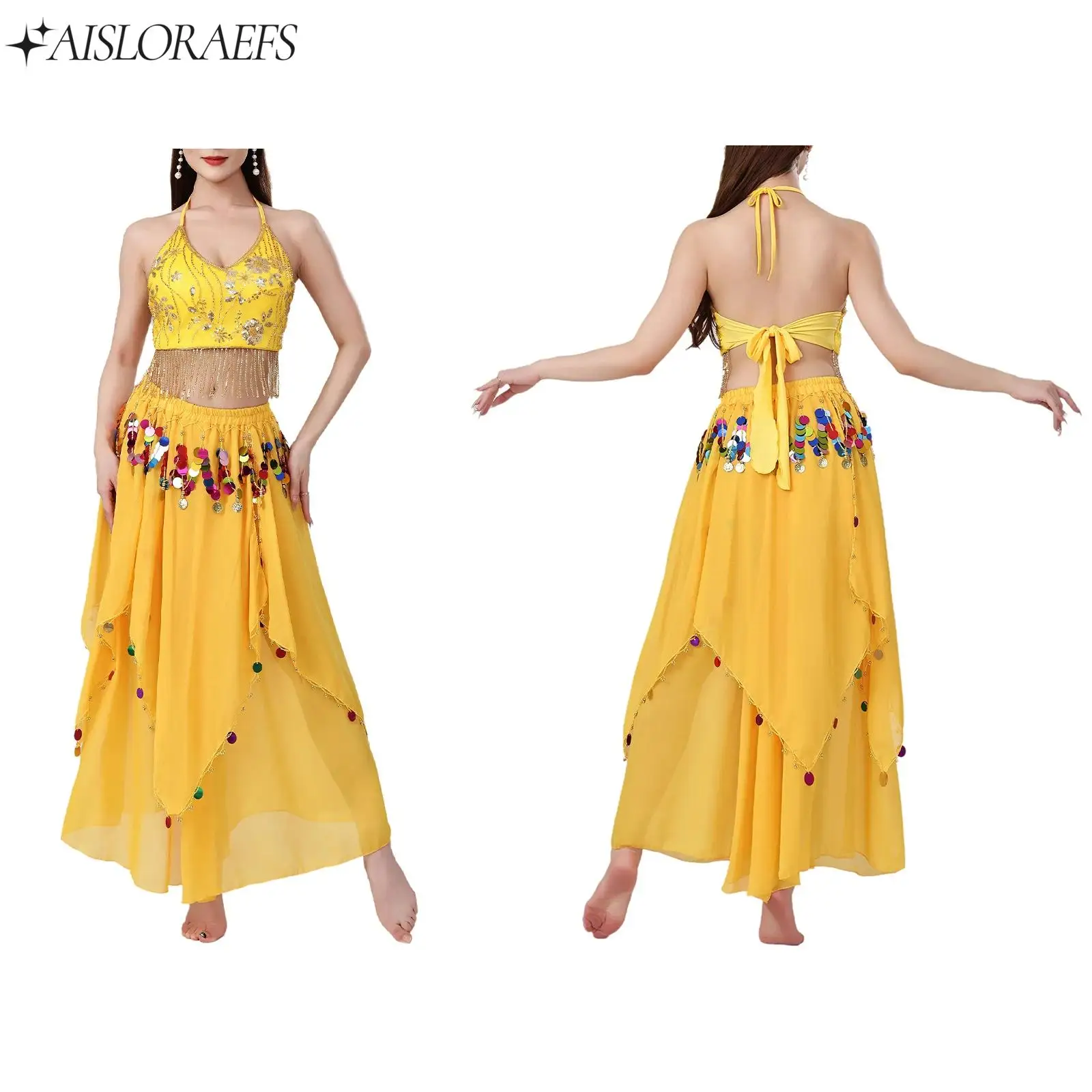 

Sexy Womens Belly Dance Sequin Tassel Outfits Fringe Embroidered Lace-up Crop Top+Skirt 2-piece Dancing Class Performance Sets