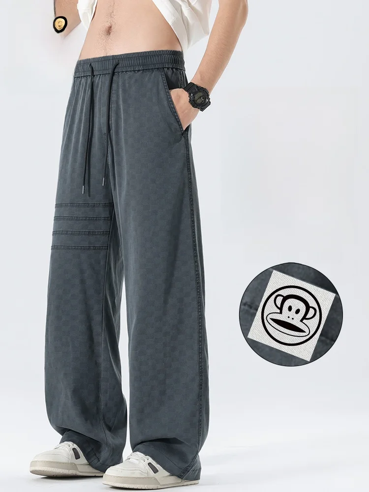 

PaulFrank Plaid Wide Leg Casual Pants Men's Spring 2026 Loose Straight Tube Pants Youthful Dync Sle Polyester Lycra Blend