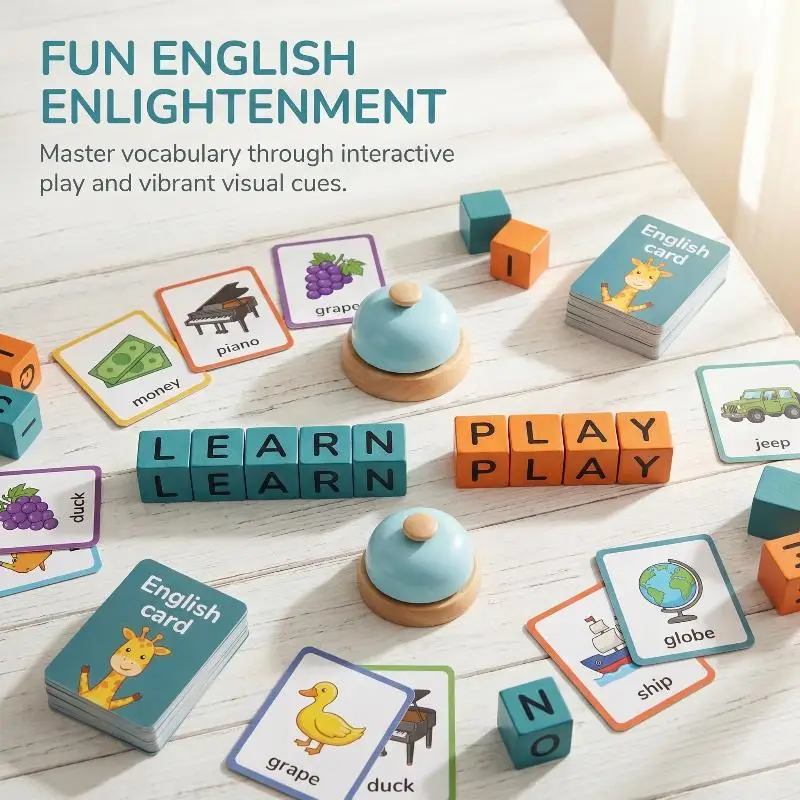 Educational Word Formation Spelling Cubes Set with Flash Cards and Bell for Children Family Fun and Homeschool Activities
