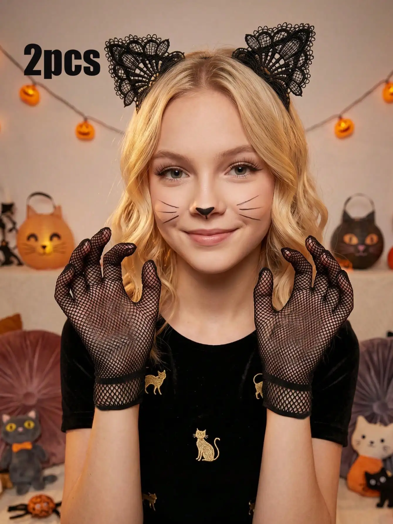 2Pcs Teen Girls Halloween Accessory Set 3-16Y Lace Trim Cat Ear Headband & Bat Decor Mesh Fingerless Gloves