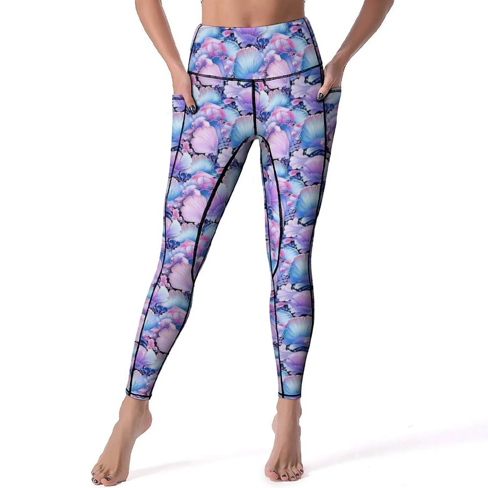 Leggings College coquillages de mer violets pour femmes, pantalons de yoga sexy, pantalons extensibles doux, jambières de sport d'entraînement graphiques