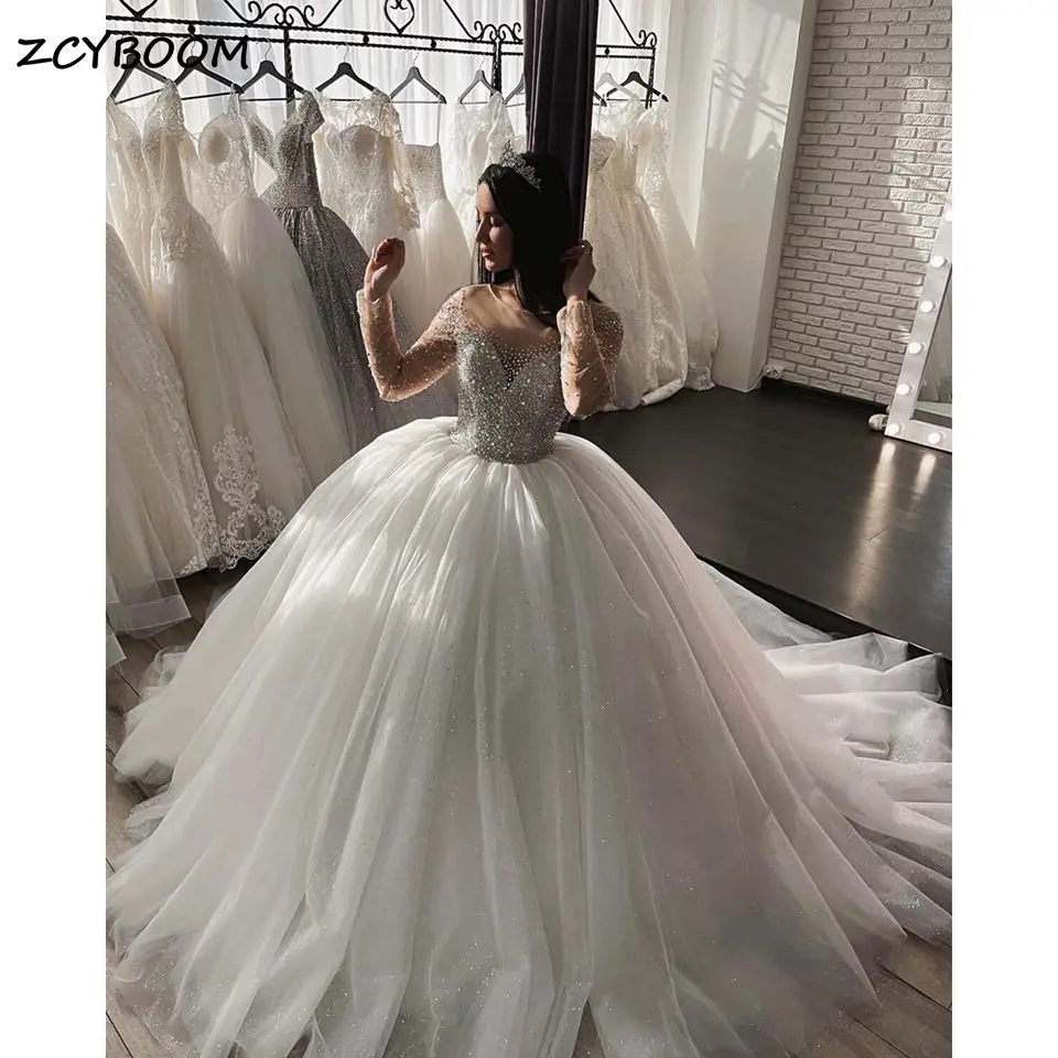 

Luxury Sparkly Crystals Beading Ball Gown Wedding Dresses 2023 Princess Arabic Dubai Long Sleeves Bridal Gowns Vestido De Noiva