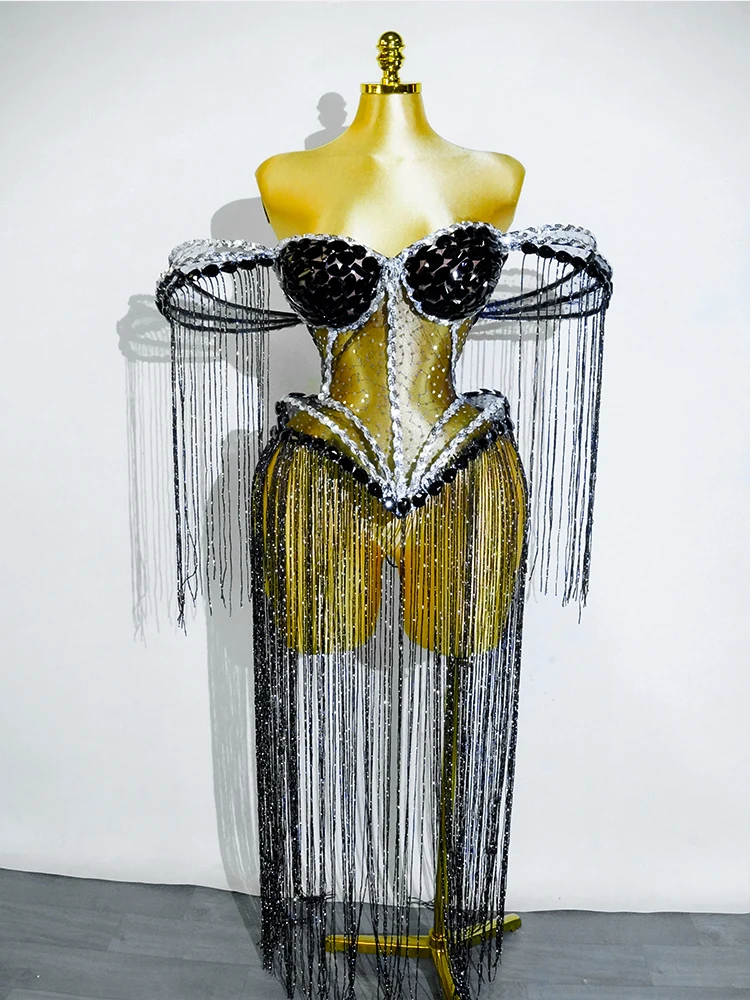 فستان نسائي طويل شفاف بقماش شفاف لامع أسود ترتر مثير بدون حمالات برباط عرض زي لحفلات أعياد الميلاد كرنفال