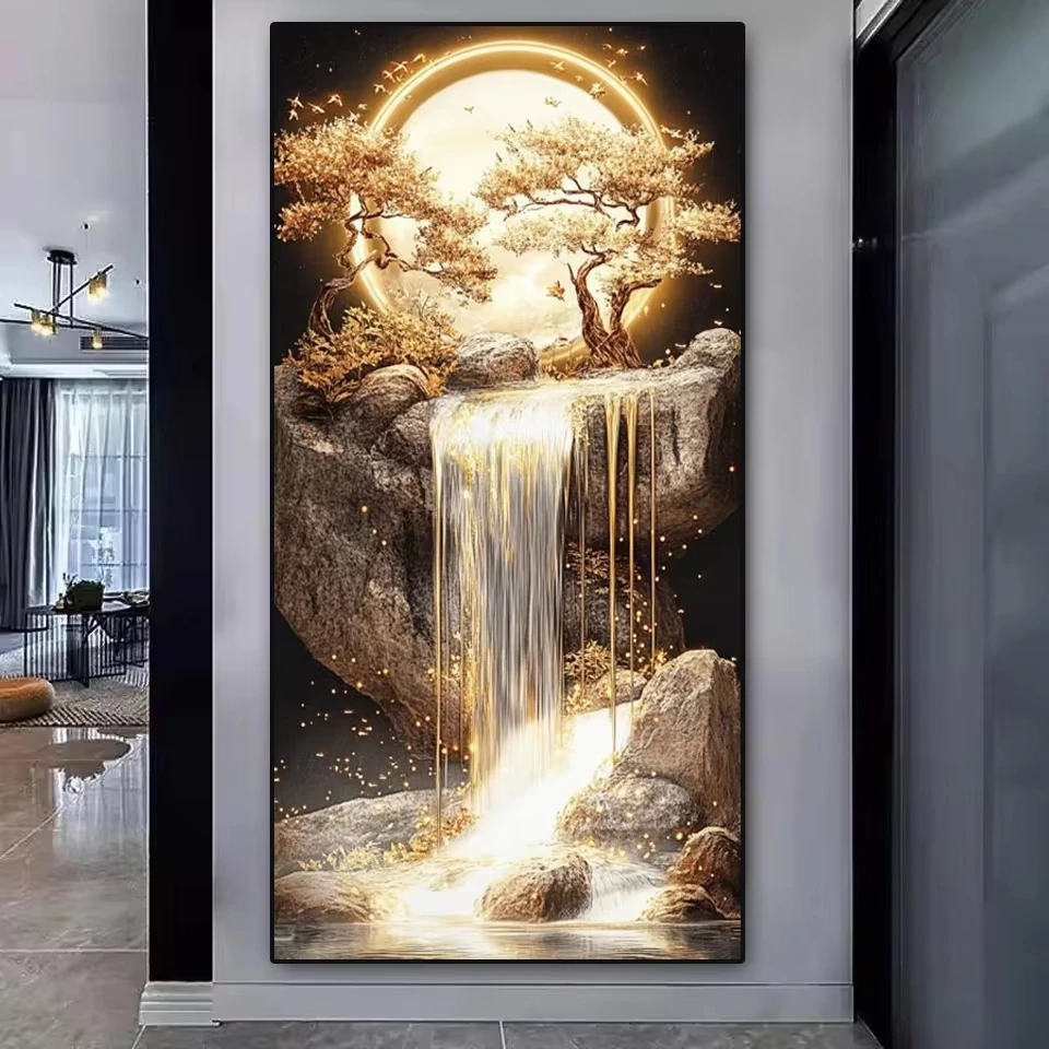 Neuheiten 5D Diamant-Malerei Kunst Goldener Wasserfall Baum Mond Landschaftsbild Voll-Diamant-Mosaik Stickerei Strass