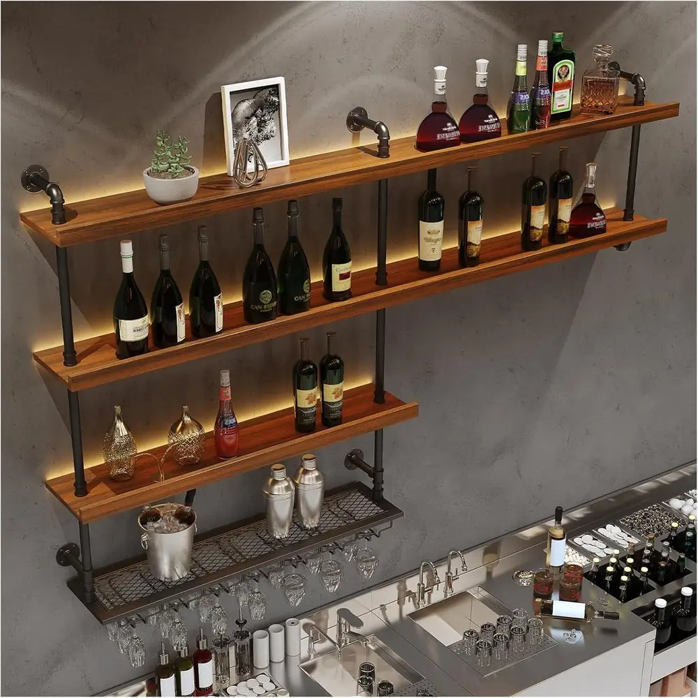 Large 4-Tier Wall-Mounted Wine Rack with LED Light and Glass Holders, Ideal for Home or Industrial Bar Settings