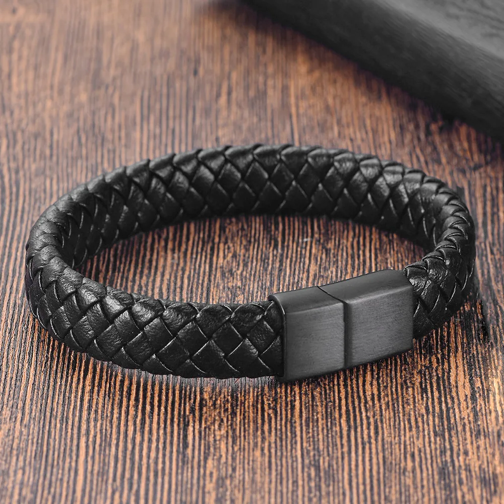 Pulsera de cadena de cuero genuino para hombre, joyería de acero inoxidable, accesorios chapados en oro, venta al por mayor, 2024