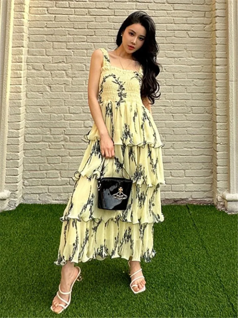 2024 Summer New Chiffon Sweet Print Square Collar Ruffles Cake Dress Elegant Chic Lightweight Dress Party Beach Style Vestidos