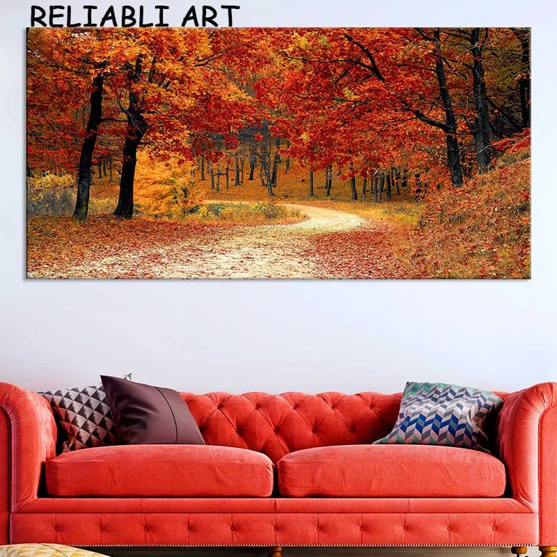 Natural Red Yellow Tree Landscape Poster and Prints Canvas Painting Autumn Wall Art Pictures For Living Room Home Decor No Frame