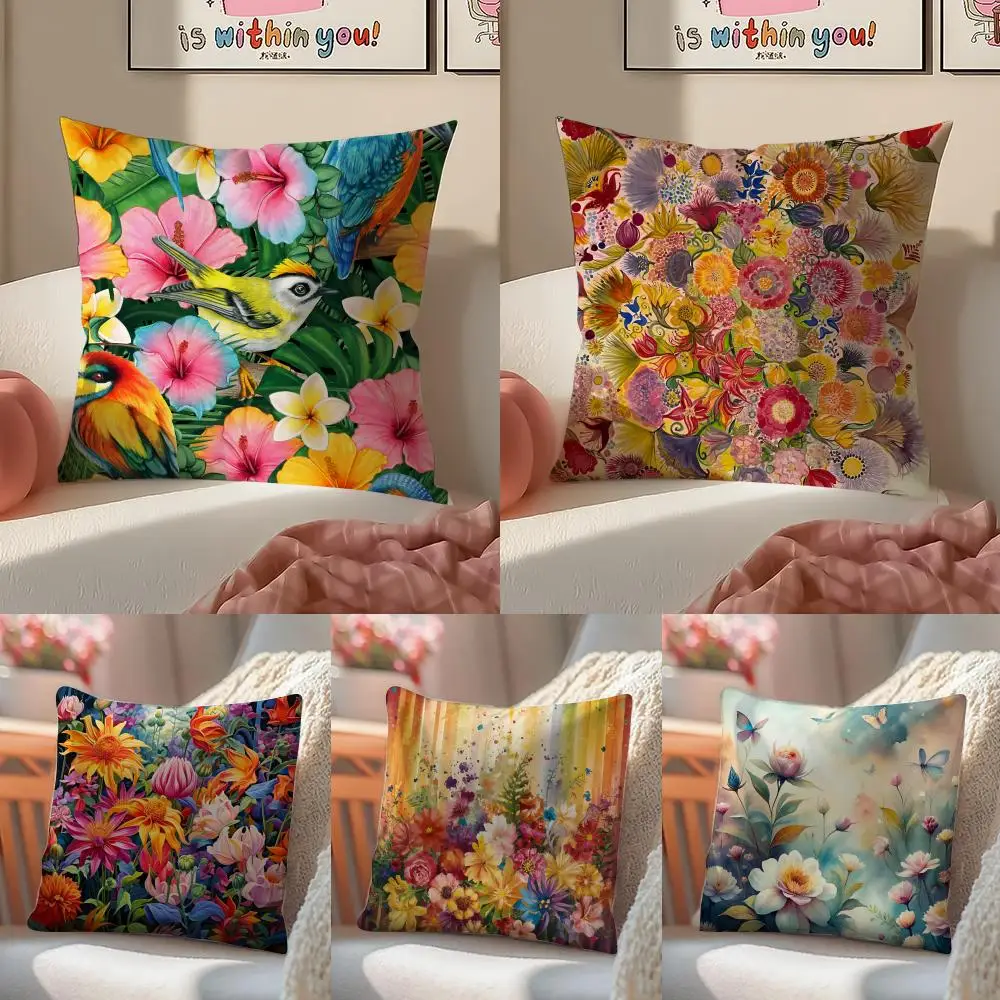 Anime Stunning Colorful Floral Art Cushion Cover Pillowcase Short Plush Invisible zipper Room Sofa Cushion Cover