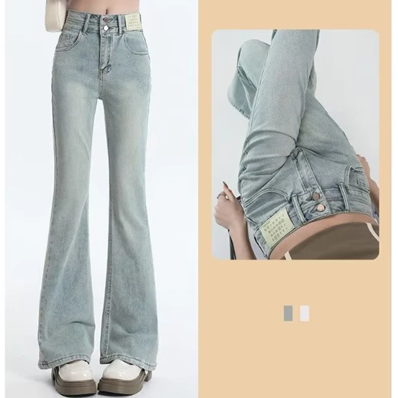 Women Korean Thin Solid Flared Jeans Lady Fashion Double Button High Waist Trousers Girls Classic Slim Fit Thin Denim Pants