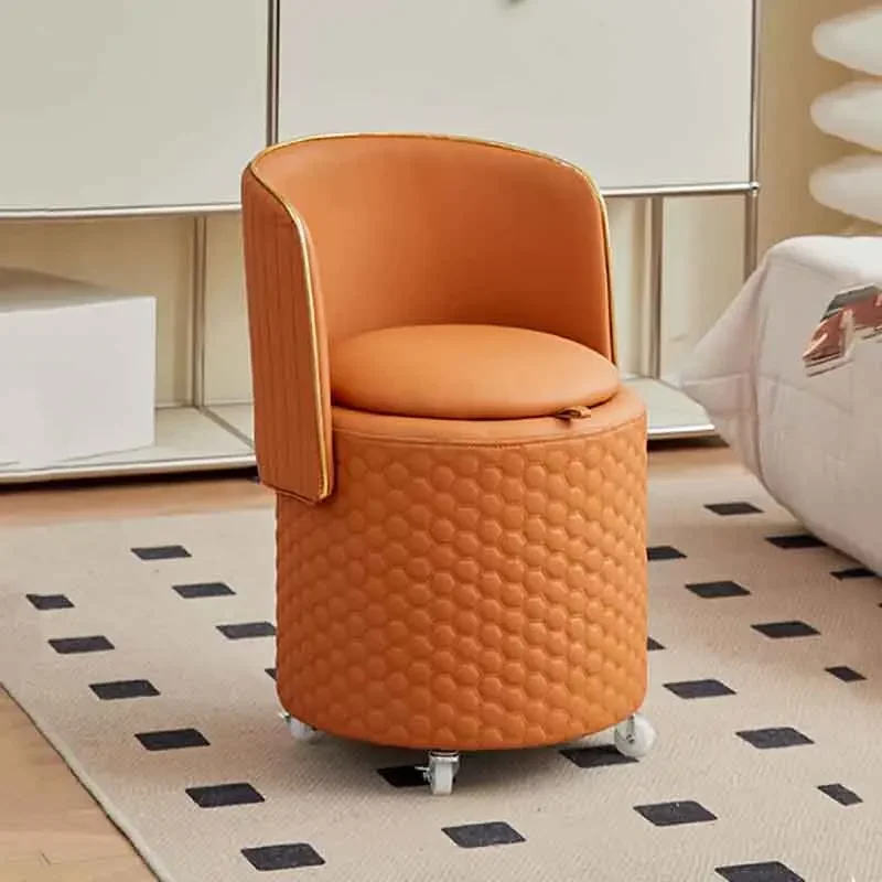 Leather Pulley Dressing Stool, Creative Makeup Bench, Folding Backrest Chair, Mobile Round Stool, Storage Stools, Home Furniture