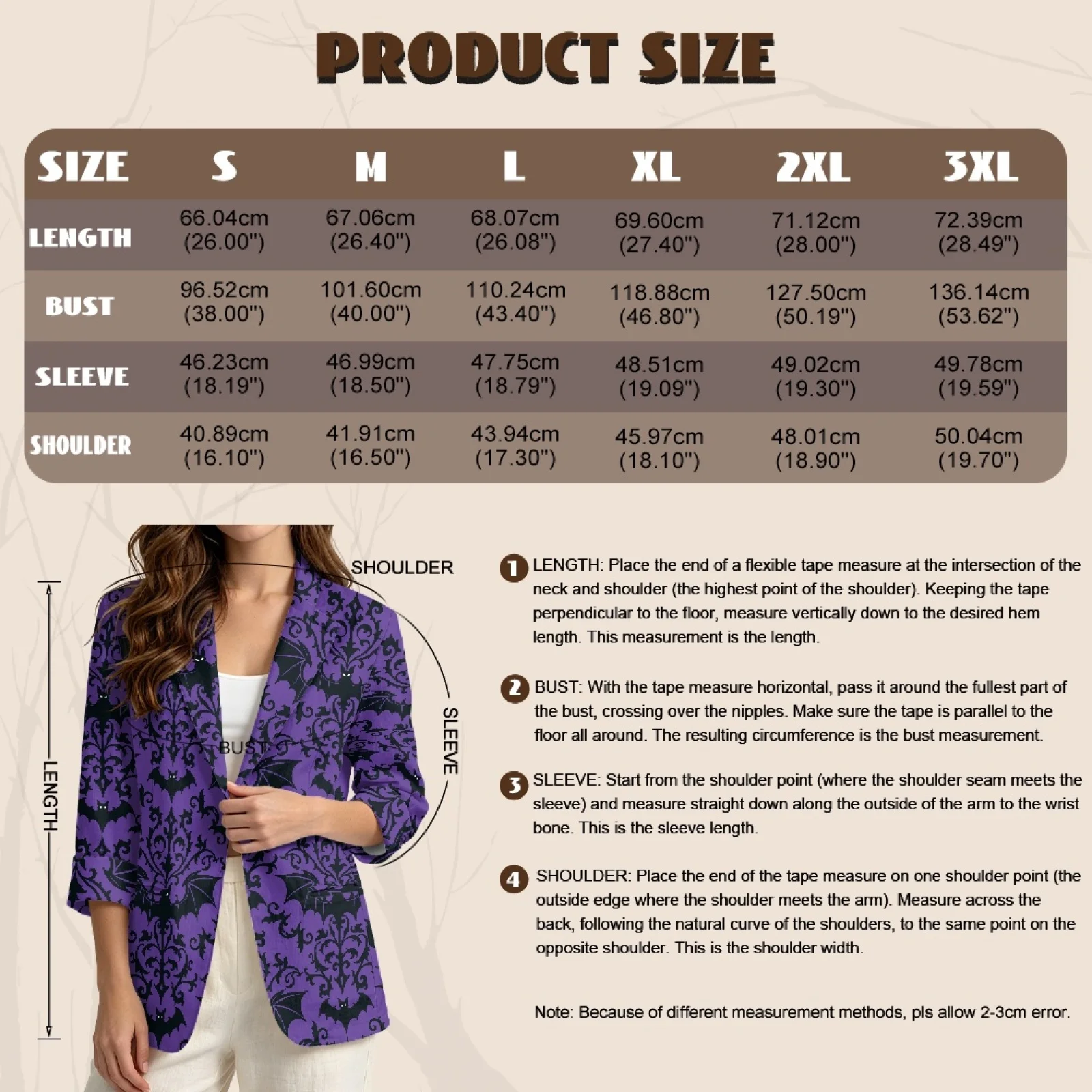 PENSTROLL Women Open Front Outerwear Featuring Black Bat Damask, Linen Style Loose Soft Blazer for Beach and Hiking, Sizes S-3XL view 6
