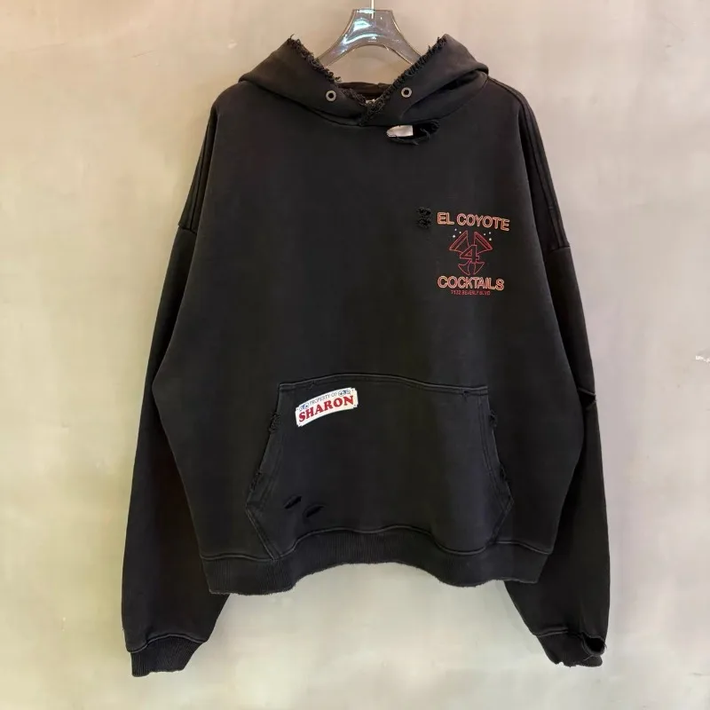 Vintage Paly Hollywood Black Pure Cotton Sweatshirt Men Women Washed Distressed Ripped Pullover Oversized Hoodie