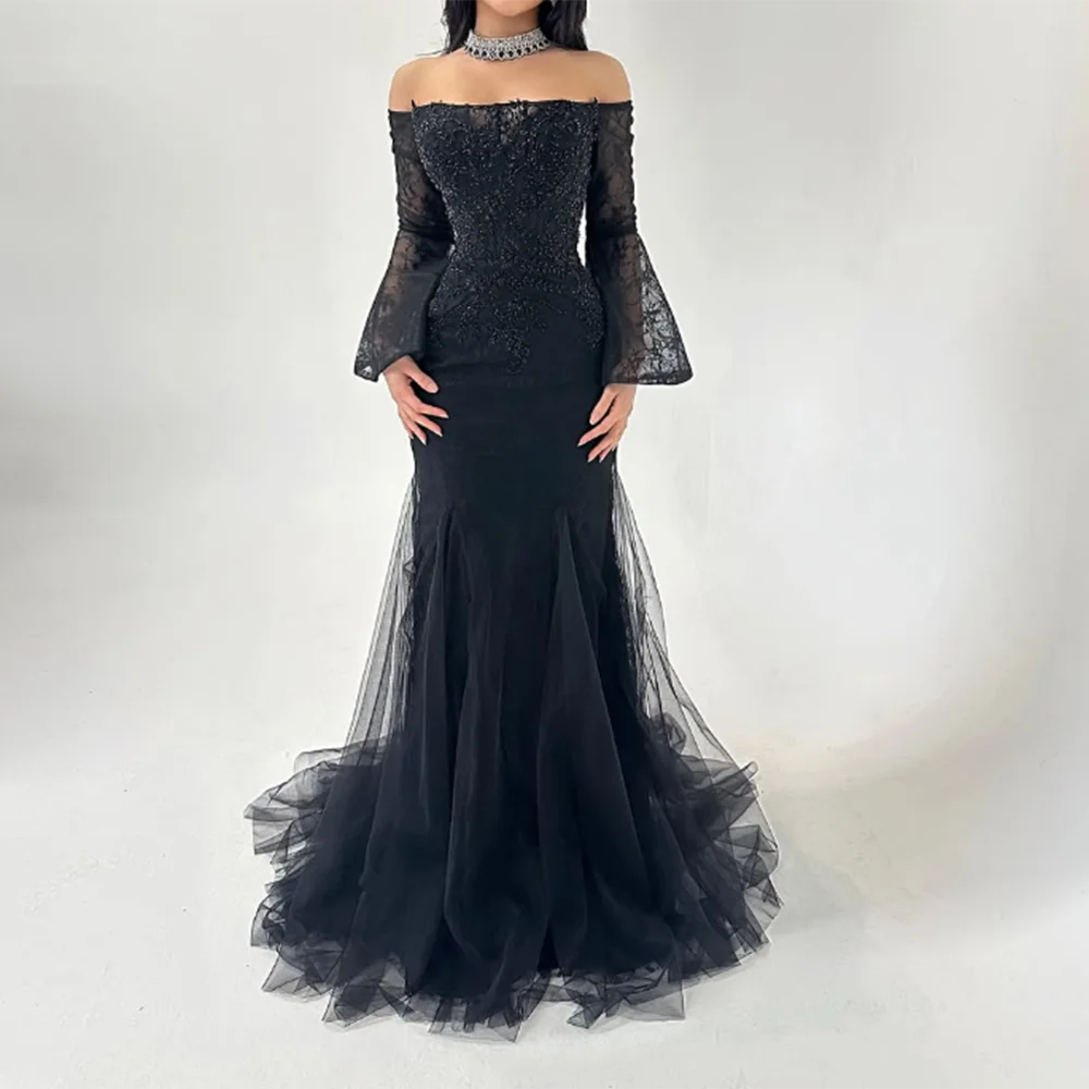 

Customized Boat Neck Saudi Evening Dresses Backless Full Sleeve Sequin Lace Appliques mermaid Prom Gown Draped Long Party Dress