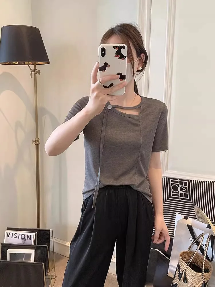 

Korean Sle Hollow Bow Design T-irt Inner Wear ort Sve Pure Color Top Youthful Casual Loose Fit Commute Sle