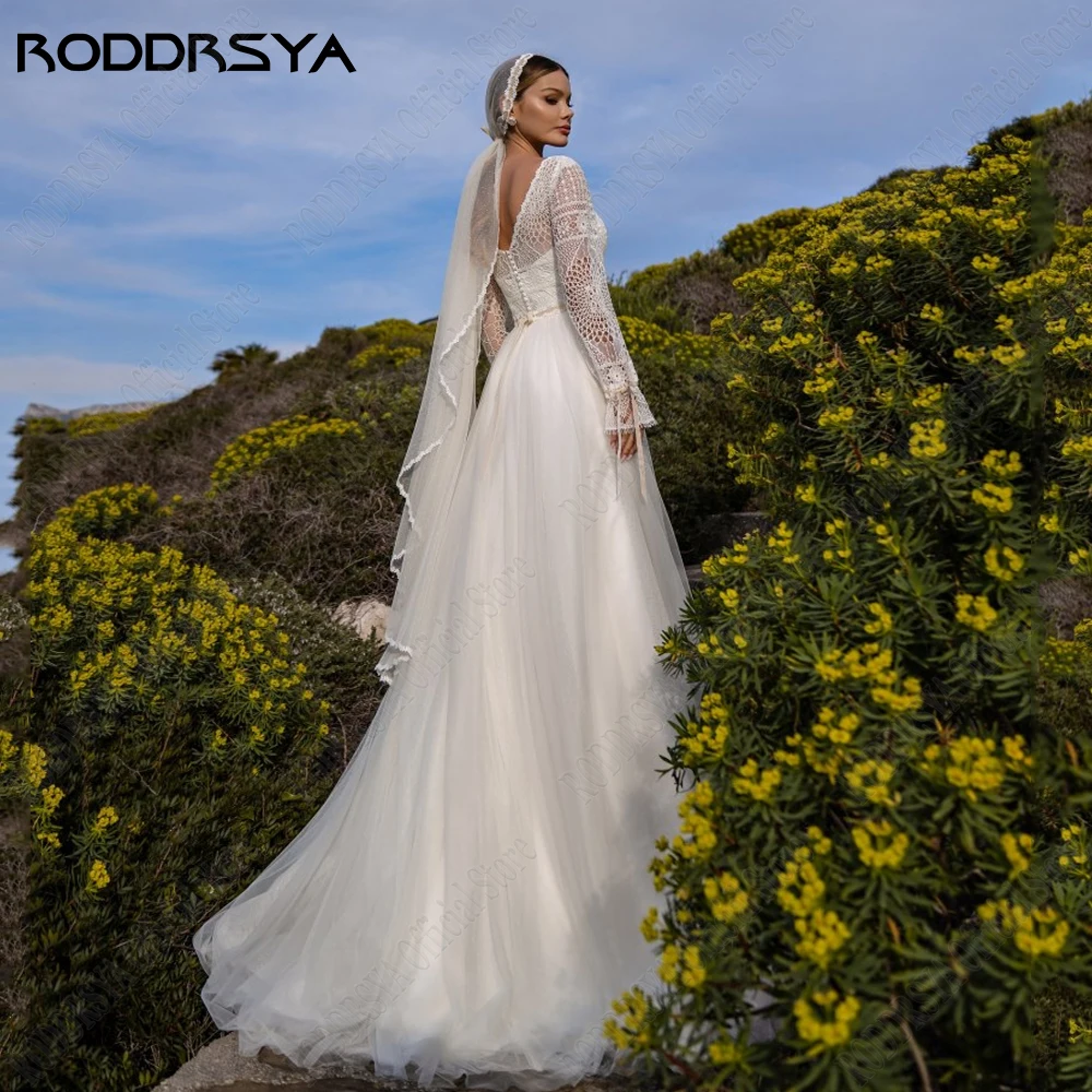 RODDRSYA gaun pernikahan klasik untuk wanita lengan panjang sendok gaun pengantin elegan A-Line Tulle renda Applique vestidos de novia