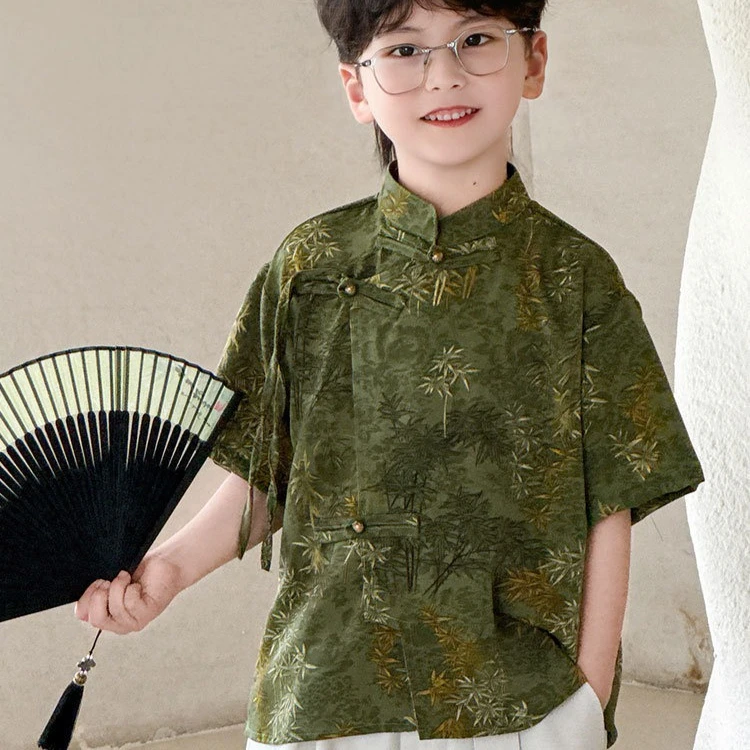 Boys' Suit 2026 Spring/summer New Children's Suit Boys' Baby New Chinese Bamboo Print Shirt with Ribbon Shorts Two-piece Set