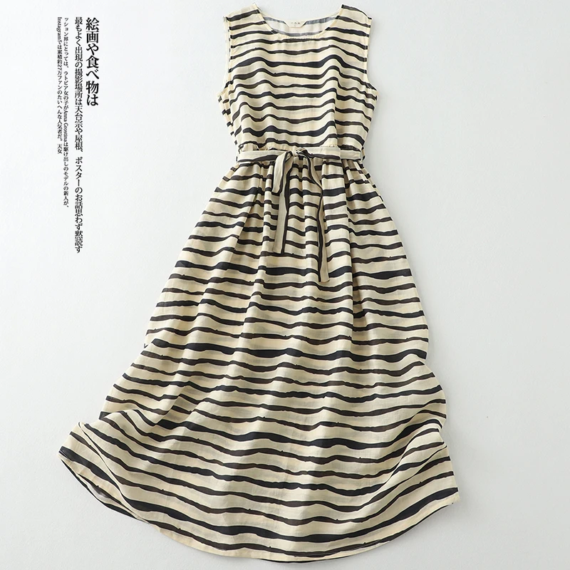 Vestido leve de aodão e linho, sem mangas, gola redonda, estampa, novo estilo, camada única, ade escura, tra, e...