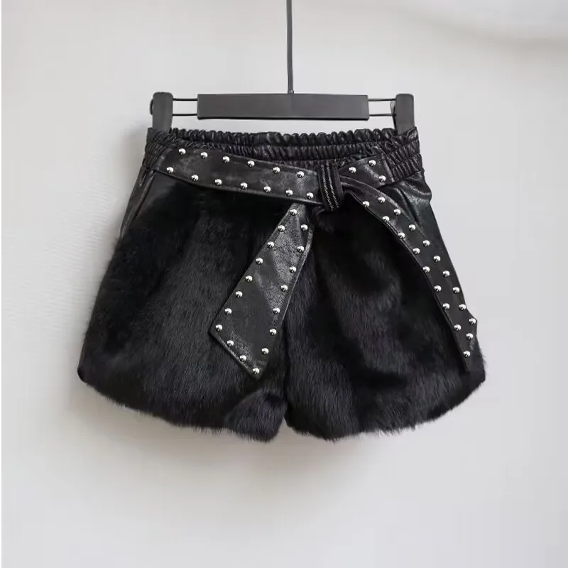 Women Leather Shorts Rabbit fur Style Bottoms Black Short Mujer Casual PU Leather Shorts feminino Sexy High Waist Shorts with