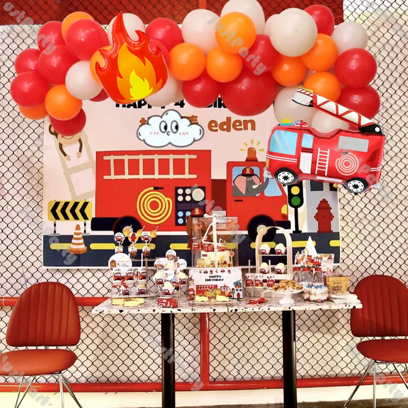 63pcs Kids Firefighter Themed Balloon Garland Red Sand Orange Flames Balloons Baby Shower Gender Reveal Birthday Party Supplies