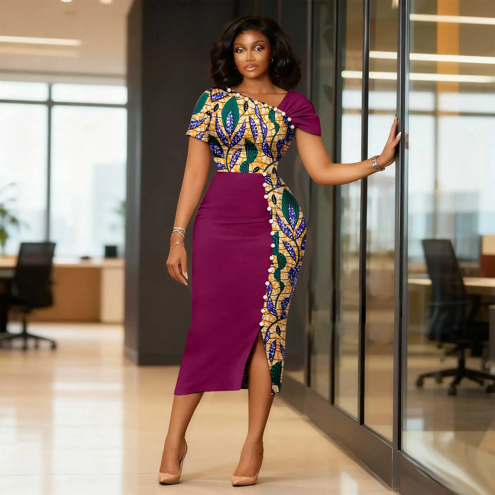 

Afripride African-inspired Women's Wear Skew Collar Short Sleeve Mid-Calf Patchwork Dress Dashiki Elegant fashion Casual 2525192