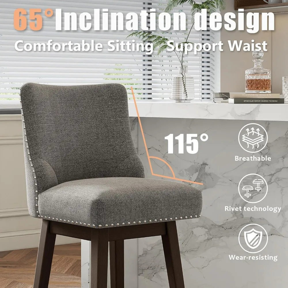 مقاعد بار دوارة بارتفاع مضاد للمطبخ، مجموعة كراسي بار منجدة من القماش الناعم مكونة من 3 قطع، ارتفاع عداد حديث 26 بوصة #5