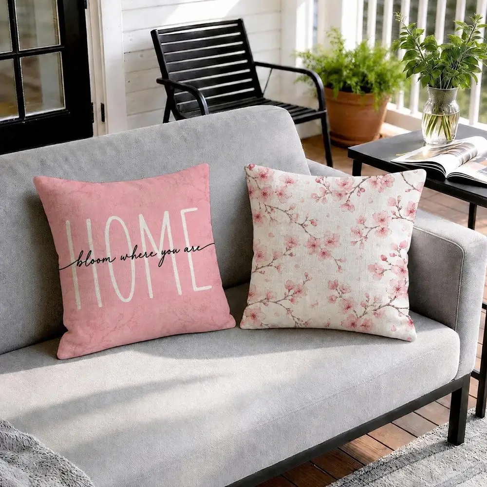 Cherry Blossom Joy Cushion Cover Natural Linen Organic Fabric Double-Sided Printing Sofa Home Decor Gift Pillow Cover