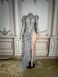 Women Nightclub Bodysuit Female Singer DjDs Guest Gogo Lens Mesh Stretch Long Split Dress Stage Performance Outfit