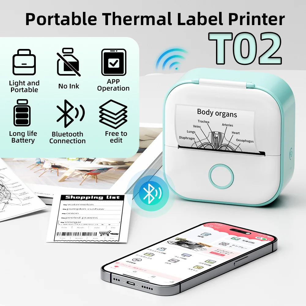 Phomemo T02 Mini Portable Printer Thermal Printing 53mm Sticker Wireless Inkless Mini Pocket Printer Self-adhesive Label Printer