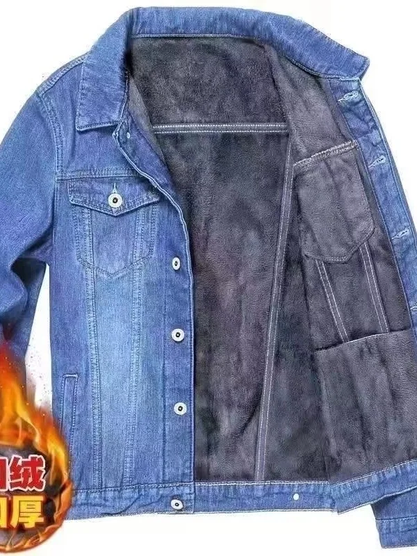 Thickened Fleece Lined Men's Denim Jacket Autumn Winter Warm Multi Pocket Durable Worn Resistant Mid-aged Workwear Jacket