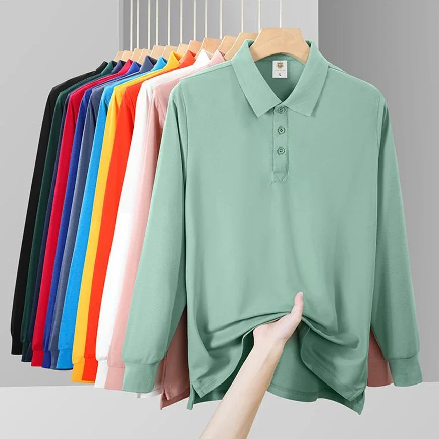 Pullover Shirt Men Golf Polo Wear Autumn Winter Long Sleeve Lapel Shirts Solid Color Button Polos for Women Customizable Logo