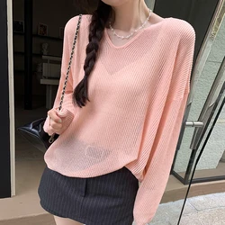 Women Hollow Out Loose Sweater Autumn V-Neck Knitted Pullovers See Through Oversize Tops Y2K Lazy Style Long Sleeve Tops