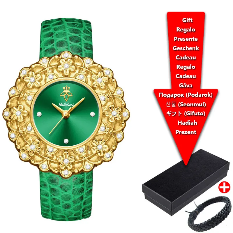 Luxury Green Leather Quartz Women Watch Gold Flower Rhinestone Dial Ladies Wristwatch Elegant Dress Clock Relogio Feminino