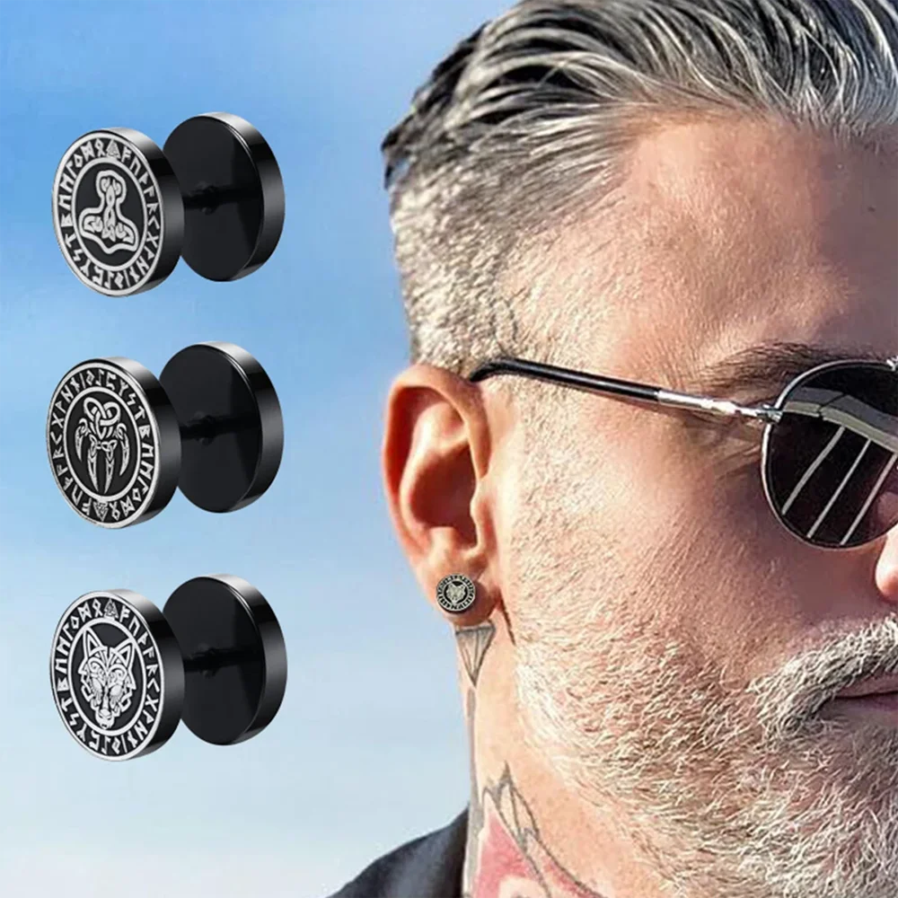 Gothic Norse Viking Runes Stud Earrings for Men Boys Rock Punk Stainless Steel Valknut Wolf Head Compass Celtic Knot Earrings