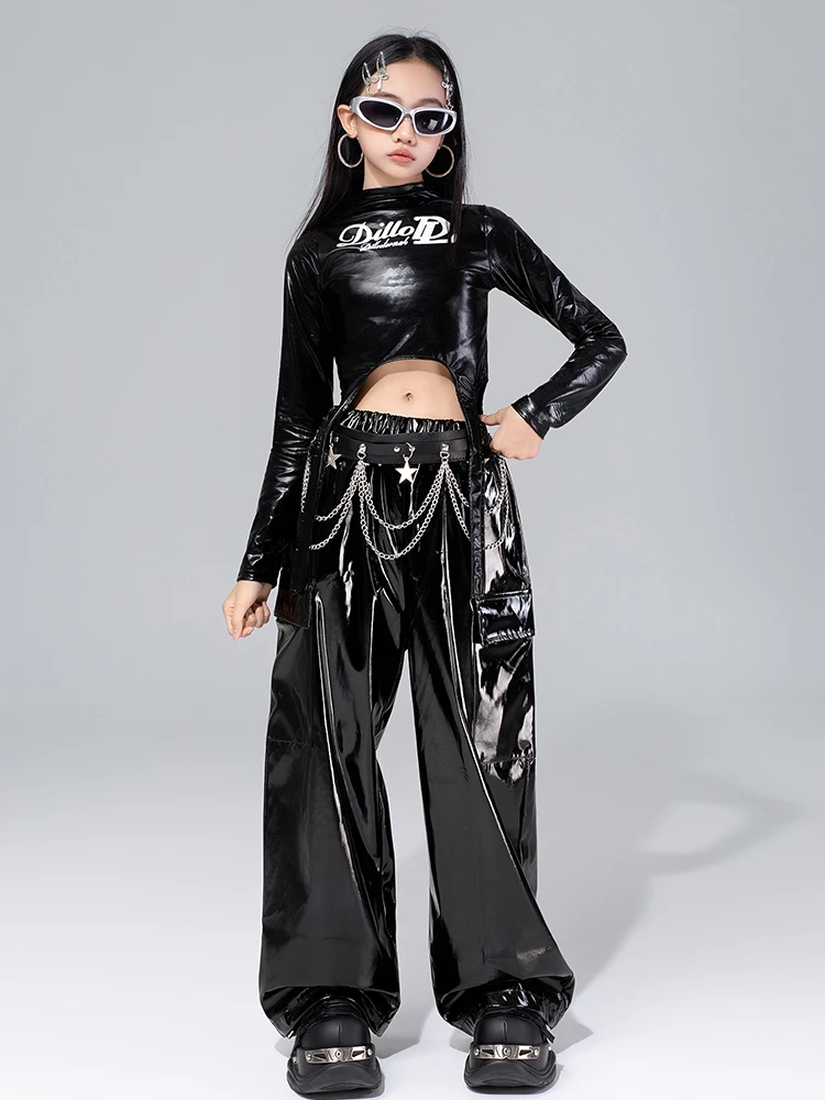 2025 ملابس رقص الجاز للفتيات ملابس أداء Kpop لامعة سراويل رقص سوداء موضة الهيب هوب ملابس الرقص في الشارع VDL4575 #2