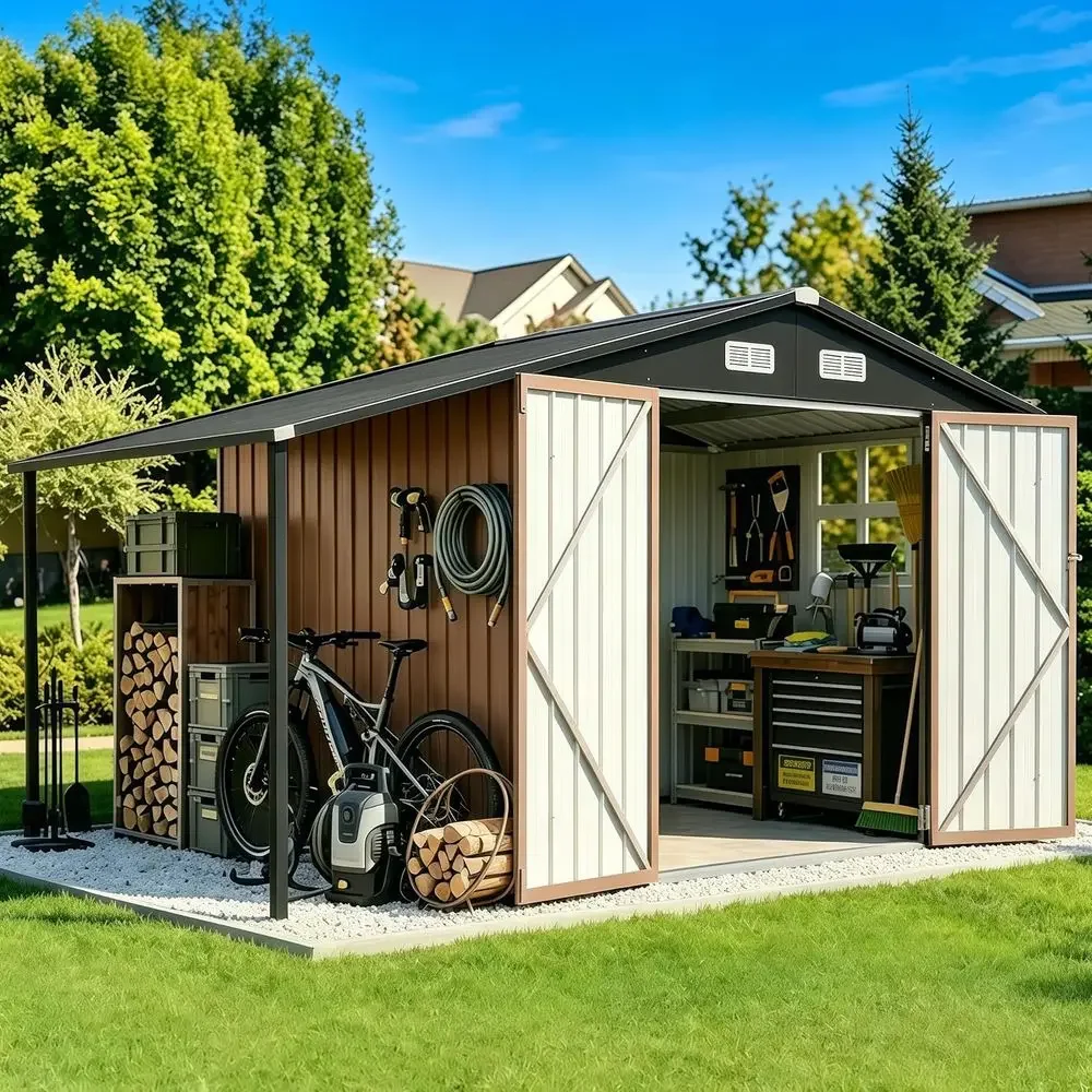 

8x12 T Outdoor Storage Shed Metal Sheds with Open irewood Storage,Galvanized Steel Garden Shed with Lockable Do,Sloped Roo,Windo