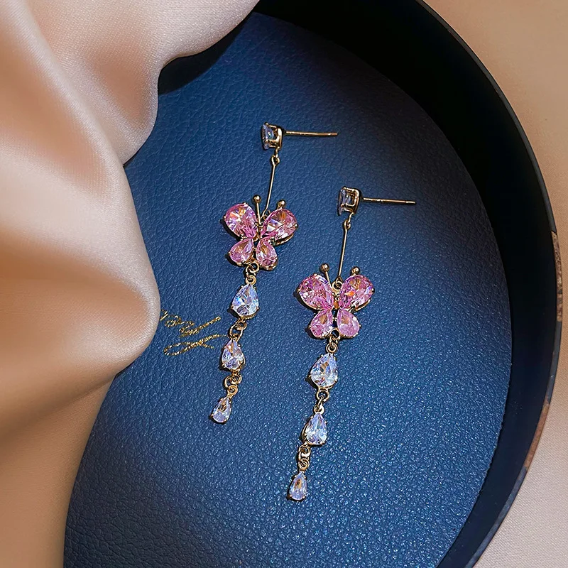 New Korean Pink Crystal Butterfly Drop Earrings For Women Love Heart Shape Long Tassel Dangle Earring Wedding Party Jewelry Gift