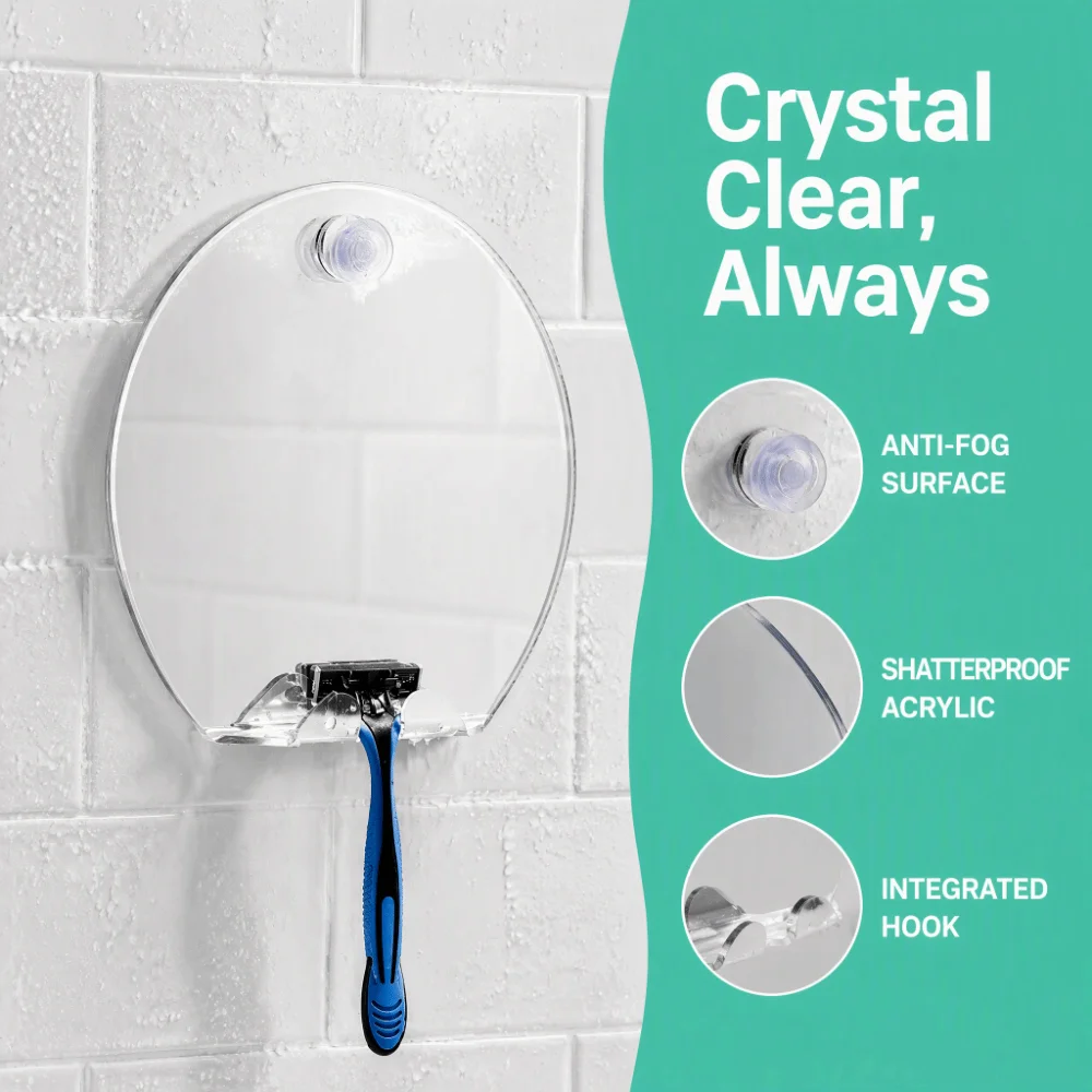 Powerful Acrylic Shower Mirror Clear Shatterproof Shaving Mirror Razor Holder Suction Cup Bathroom Mirror For Makeup