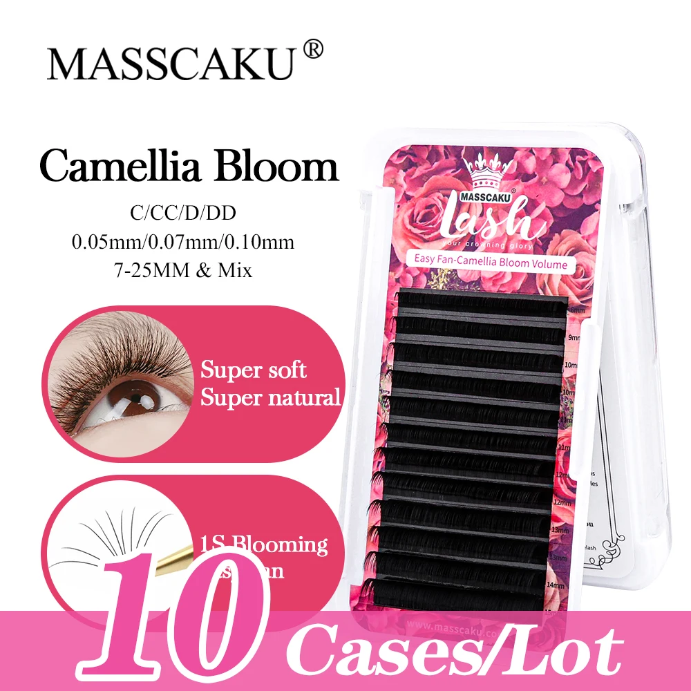 

10cases/lot MASSCAKU C CC D DD Curl Easy Fan Bloom Eyelash Matte Black Wispy Fluffy Camellia Lashes Extension Wholesale