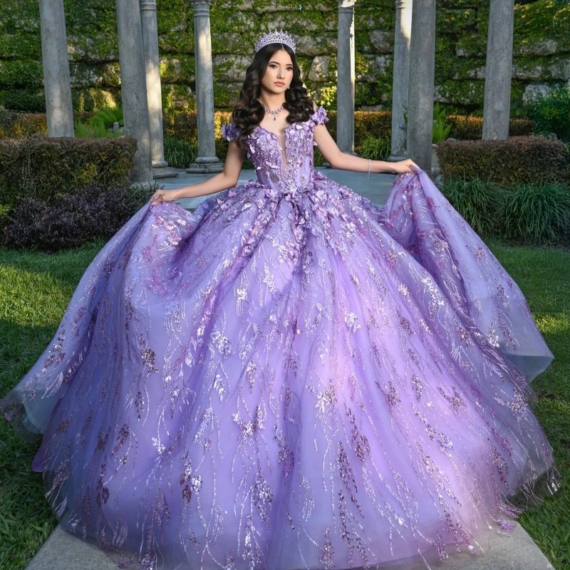 

Лавандовое платье Quinceanera, бальное платье с открытыми плечами, милое платье 16, блестящая аппликация, цветочные бусины, тюлевые платья для дня рождения, Vestidos 15