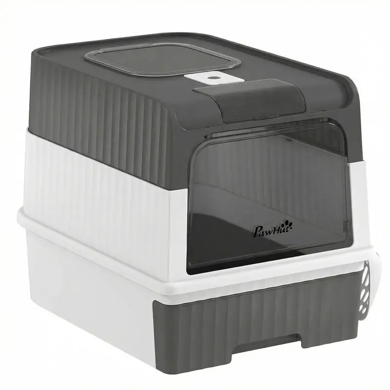 

PawHut Cat Litter Box Hooded Cat Litter Tray with Drawer Pan Front Entry & Top Exit Easy Cleaning Gray