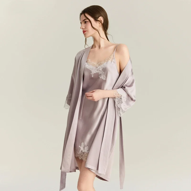 

22MM 100% Mulberry Silk Robe Gown Sets Lace Trim Sexy Kimono Robes Nightdress Suit V Neck Bathrobe with Nightgown Homewar PJS