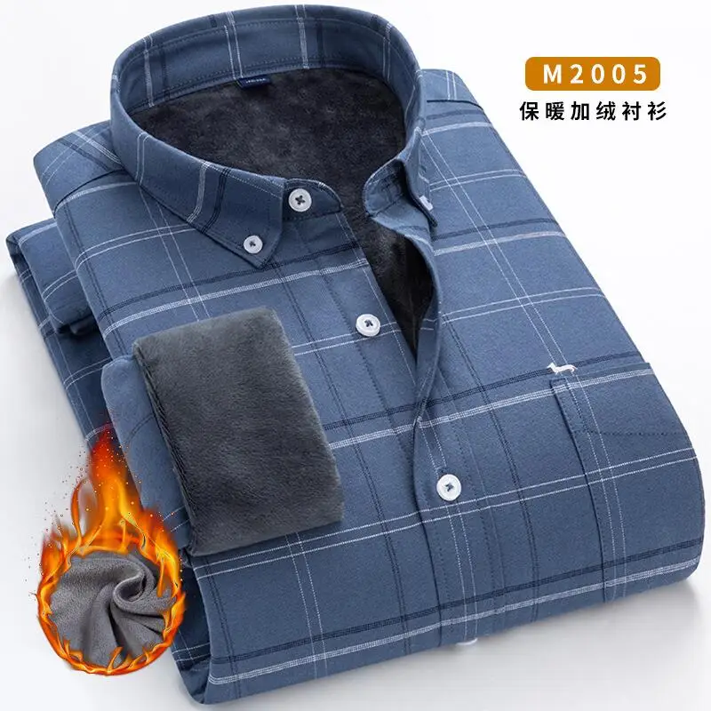 New Winter Men Casual Fashion 100%Cotton Long Sleeve Shirt Embroidery Blouse Keep Warm Striped Slim Fit Turn Down Collar Blouses