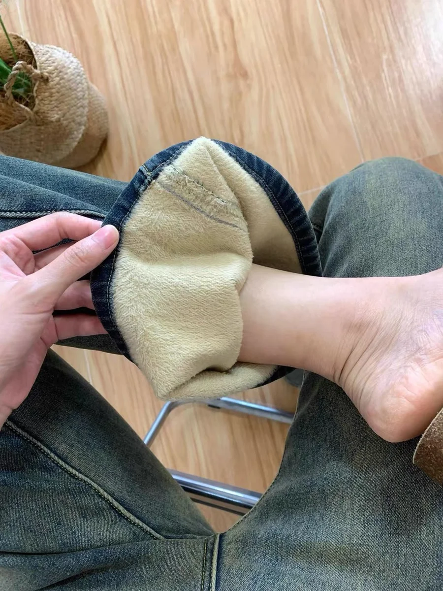 

Джинсы прямого кроя с подкладкой для полных женщин, с высокой талией, утягивающие, эластичные, с легким расклешением, зимние, хлопковые, стрейч...