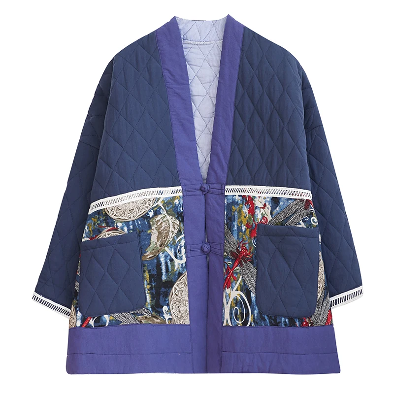 

Thiened Cotton Jaet Ethnic Sle Women's Clothing Linen Print Oversize Retro Winter Buttoned Cotton Coat Trendy V-ne Lo...