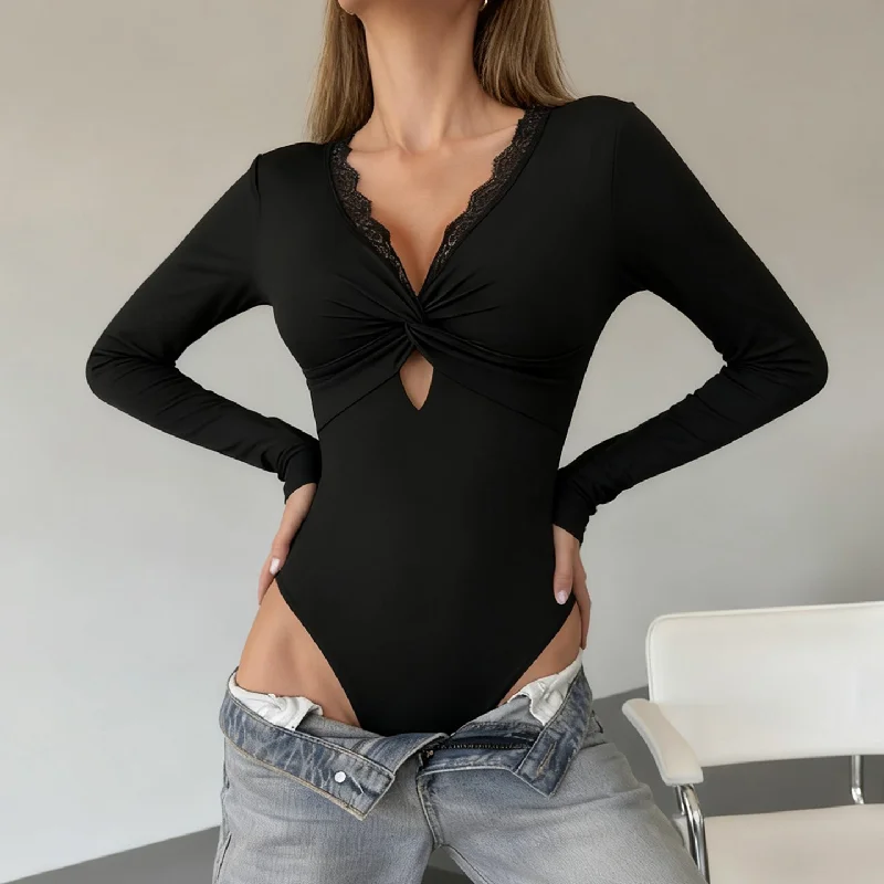 

Gothic Black Hollow Out Bodysuits Rompers Women Jumpsuits Fashion Solid Lace Long Sleeve Sexy Backless Skinny Y2k T Shirt