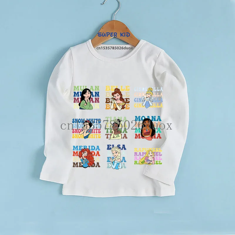 خريف 2025 ديزني المائية الأميرة فتاة طويلة الأكمام تي شيرت سندريلا إلسا حسناء ارييل أورورا Kawaii فتاة قاع الملابس #5