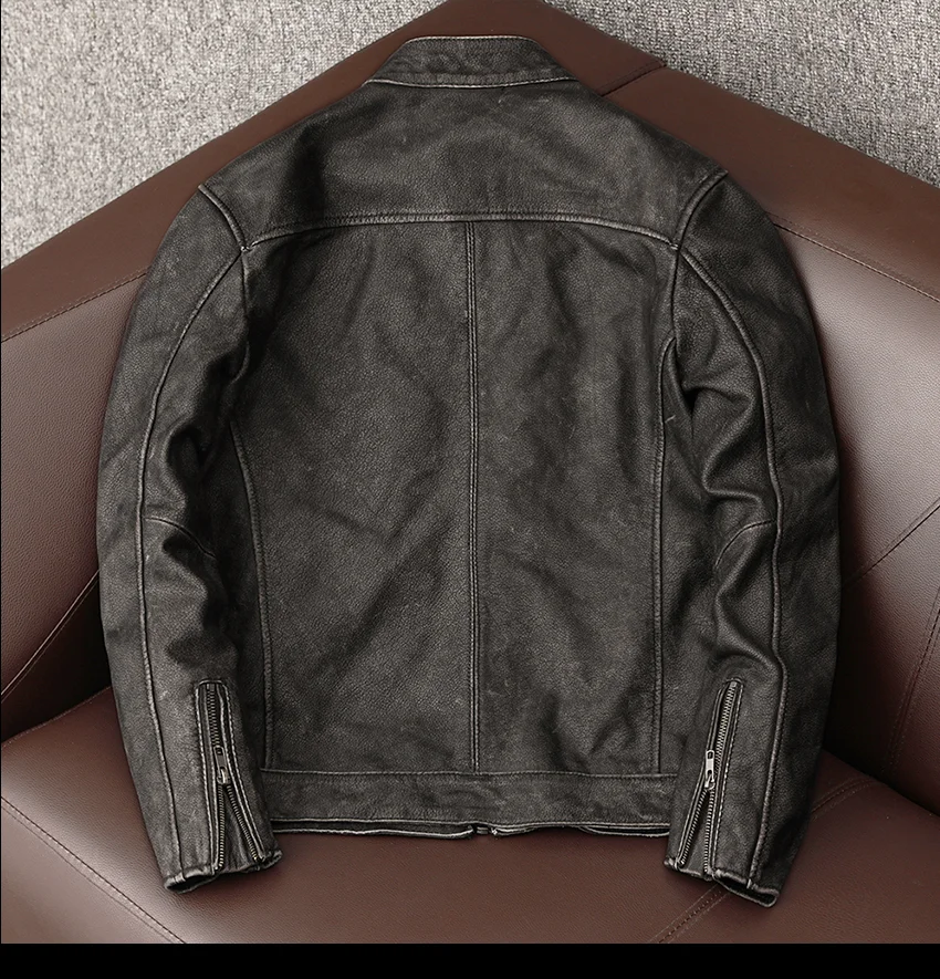 Retro Top-Grain Cowhide Motorcycle Jacket for Men - Vintage Washed Stand Collar Short-Style Casual Outerwear Fall & Winter